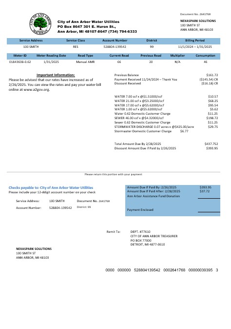 USA Michigan City of Ann Arbor Water Utilities business utility bill template in Word and PDF formats